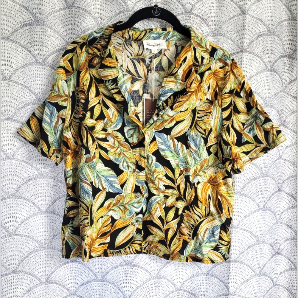 Panama Jack Earth Tone Tropical Button Up Crop Shirt Size Medium